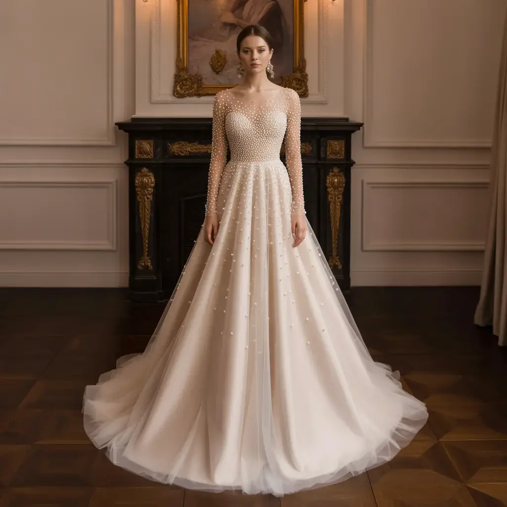 Stunning wedding dress with Ombre pearl gradient sleeves transitioning from dense to sparse pearl placement gown