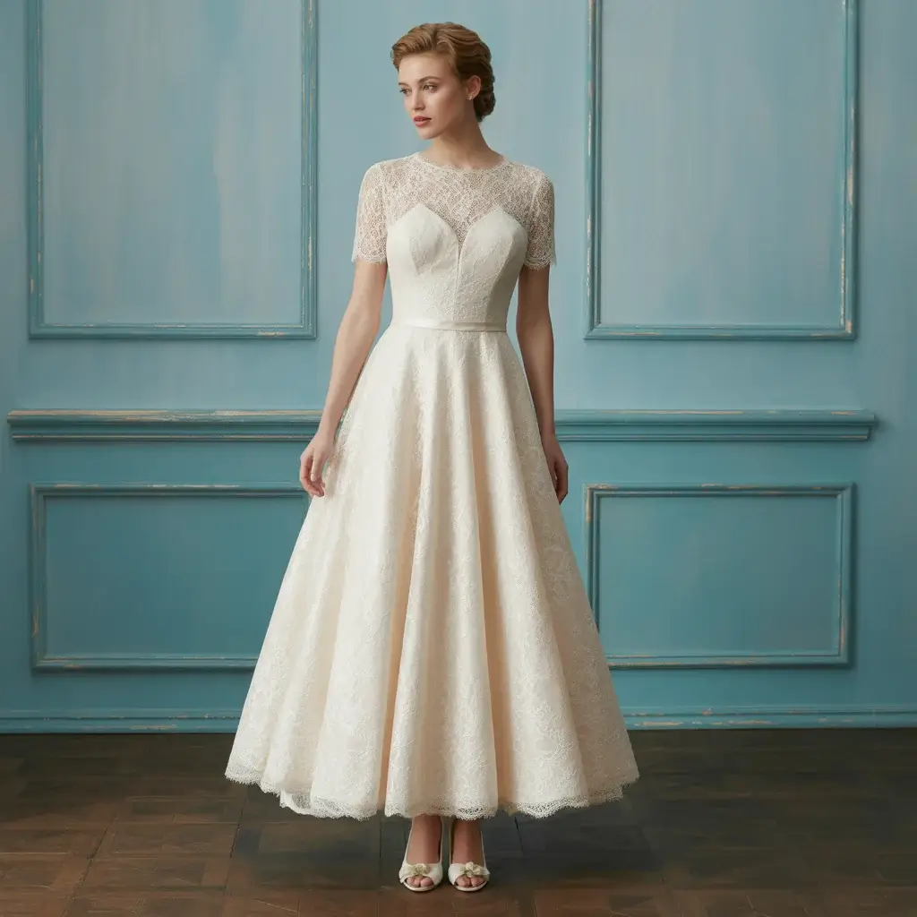Tea length Chantilly lace wedding dress with vintage inspired silhouette and fitted bodice