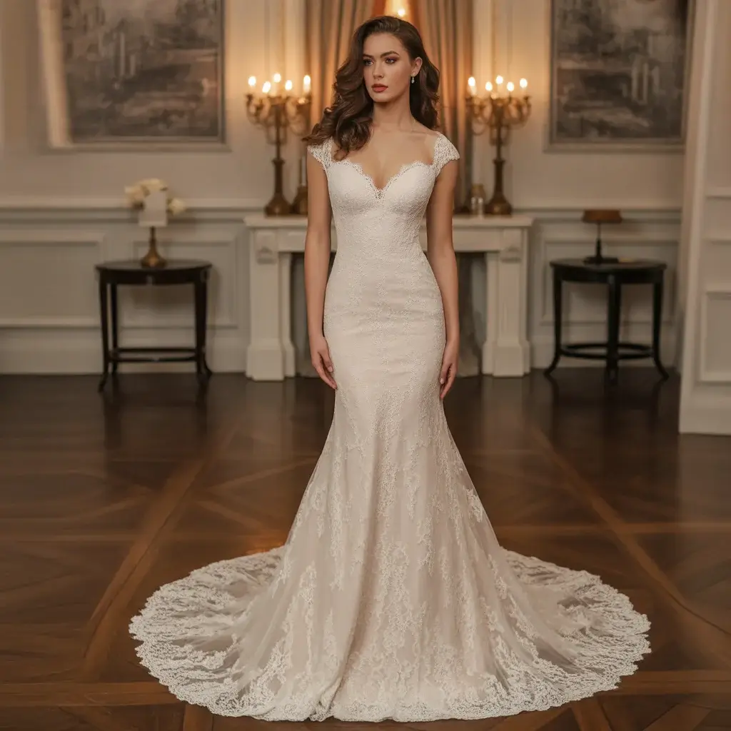 Trumpet Chantilly lace wedding dress with fitted bodice and gradual mid-thigh flare