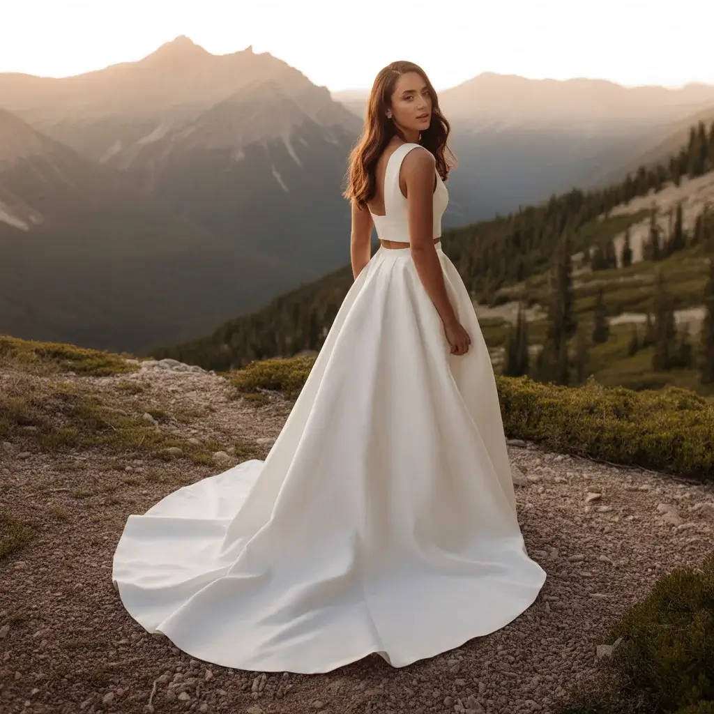 15 Wedding Dresses for Mountain Weddings 8 Versatile bride in a convertible two-piece wedding dress showing the detachable skirt feature for mountain hiking adventure