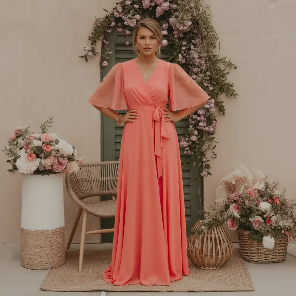 Top 15 Wedding Guest Outfit Ideas That Are Trending Now 14 Vibrant Coral Chiffon Wrap Dress With Flutter Sleeves And Tie Waist