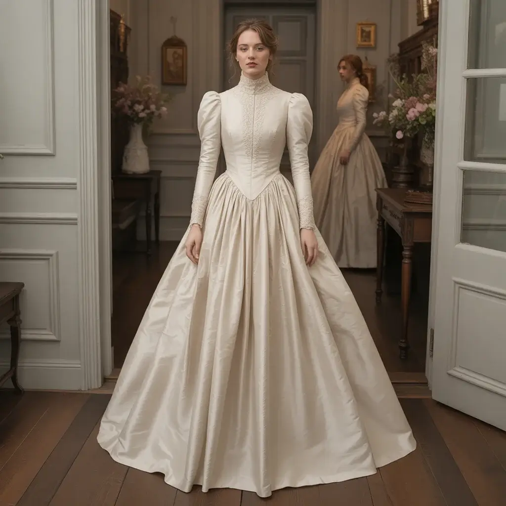 Victorian high neck silk taffeta wedding gown with long sleeves and architectural details