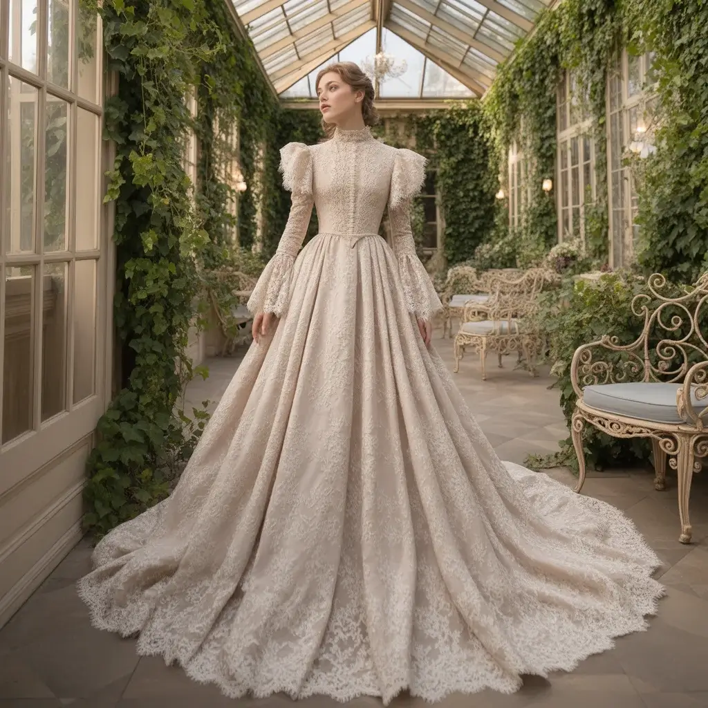Victorian-inspired high neck gown with intricate lace details and period authenticity
