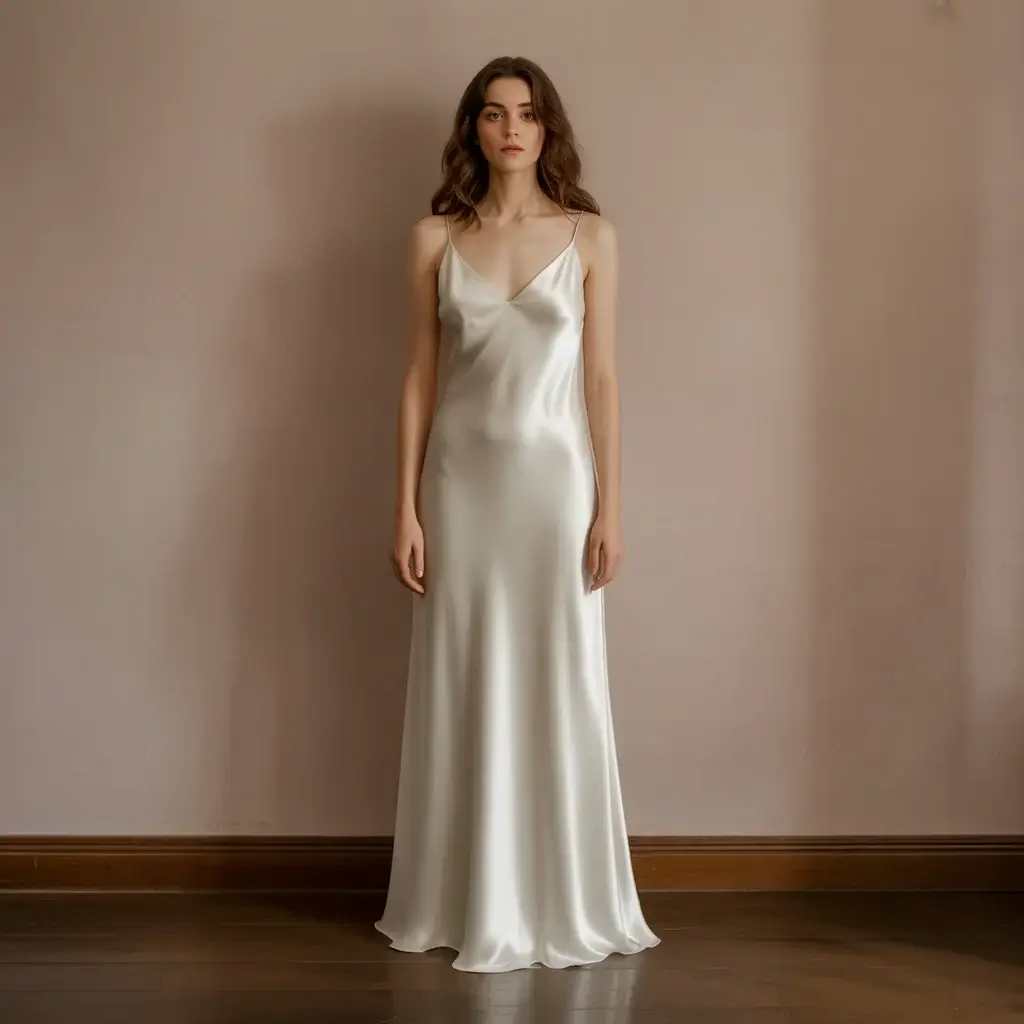 Vintage bias cut silk satin slip wedding dress with elegant draping and minimal details