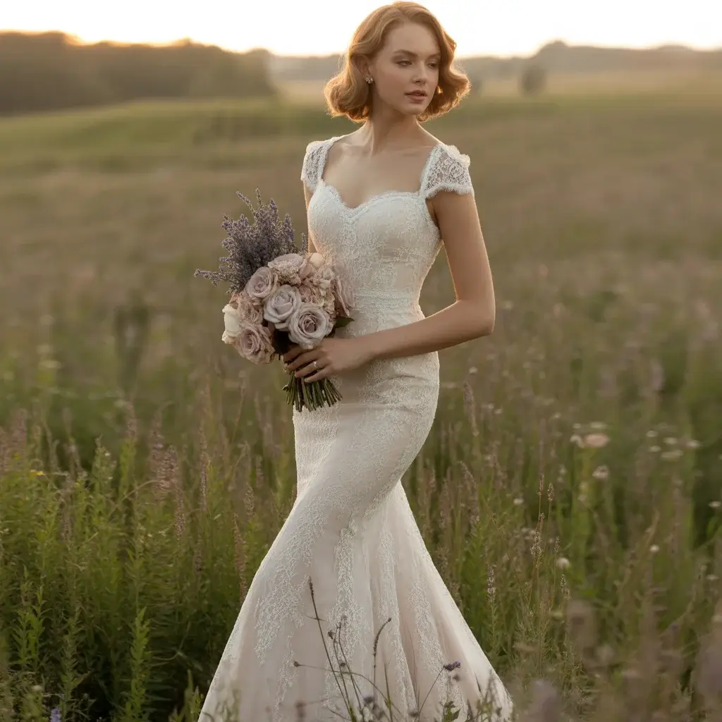 Vintage inspired Chantilly lace sheath wedding dress with fitted silhouette and retro details