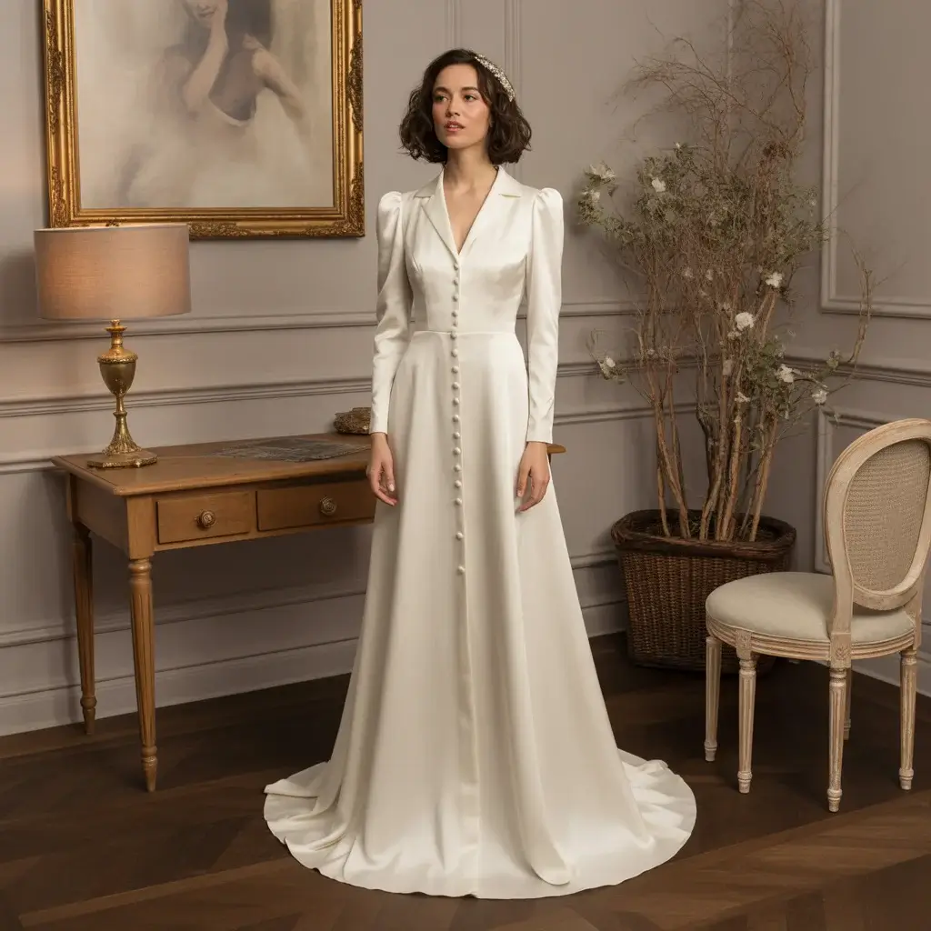Vintage-inspired silk crepe wedding dress with covered buttons and elegant long sleeves