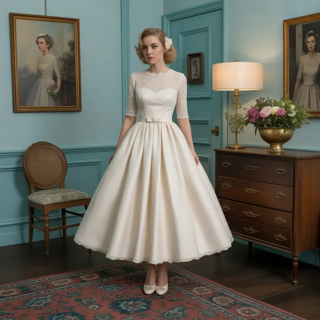 13 Half Sleeve Wedding Dresses for Modern Brides 5 Vintage-inspired tea length wedding dress with classic half sleeves and full skirt