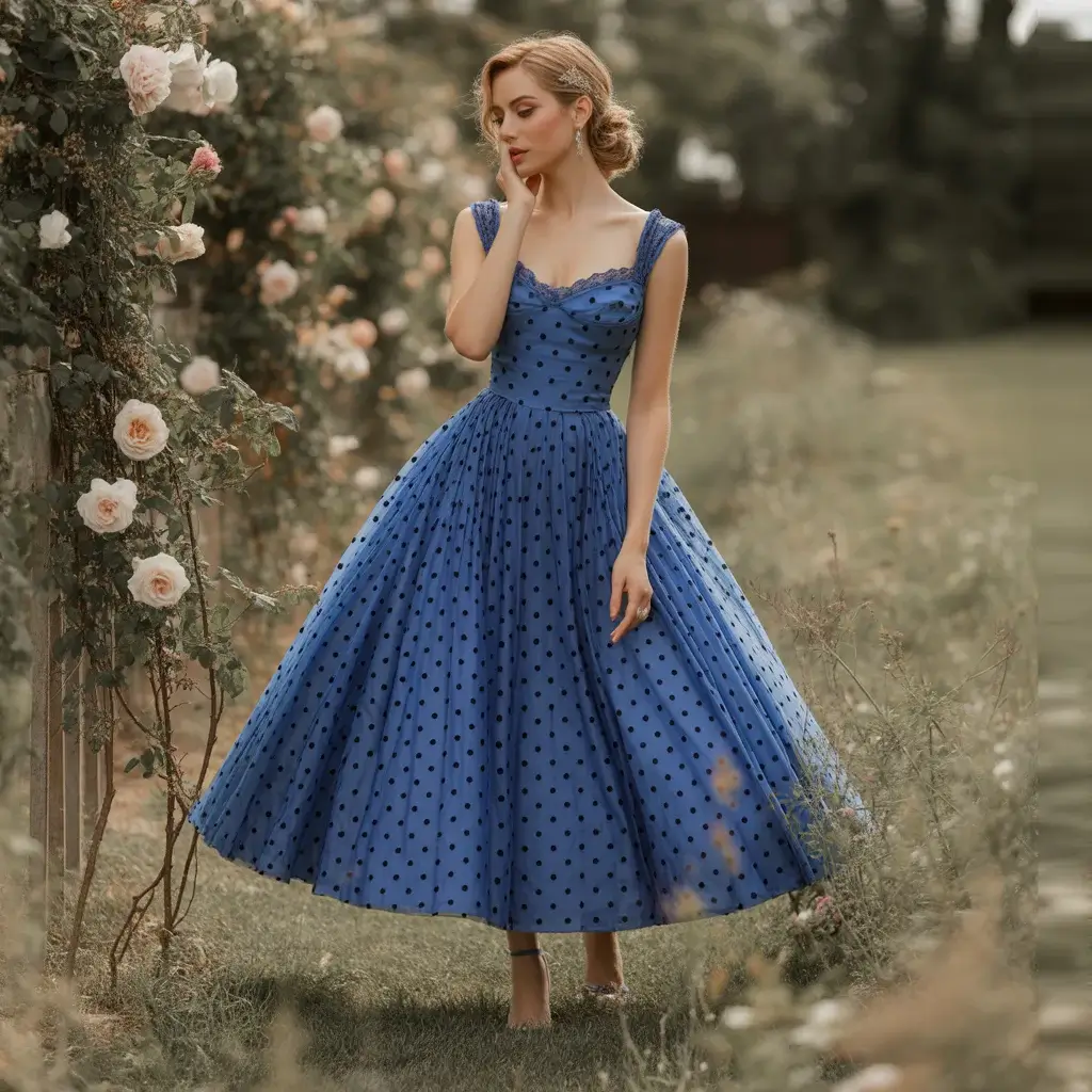 Vintage royal blue tea-length wedding dress with black polka dots and full skirt