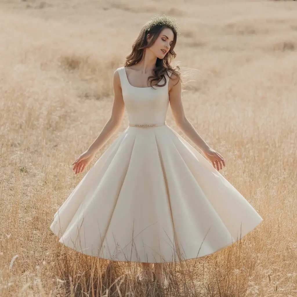Top 16 Best Try at Home Wedding Dresses That Brides Are Ordering Online 4 Vintage tea-length wedding dress with full circle skirt and removable belt in classic style