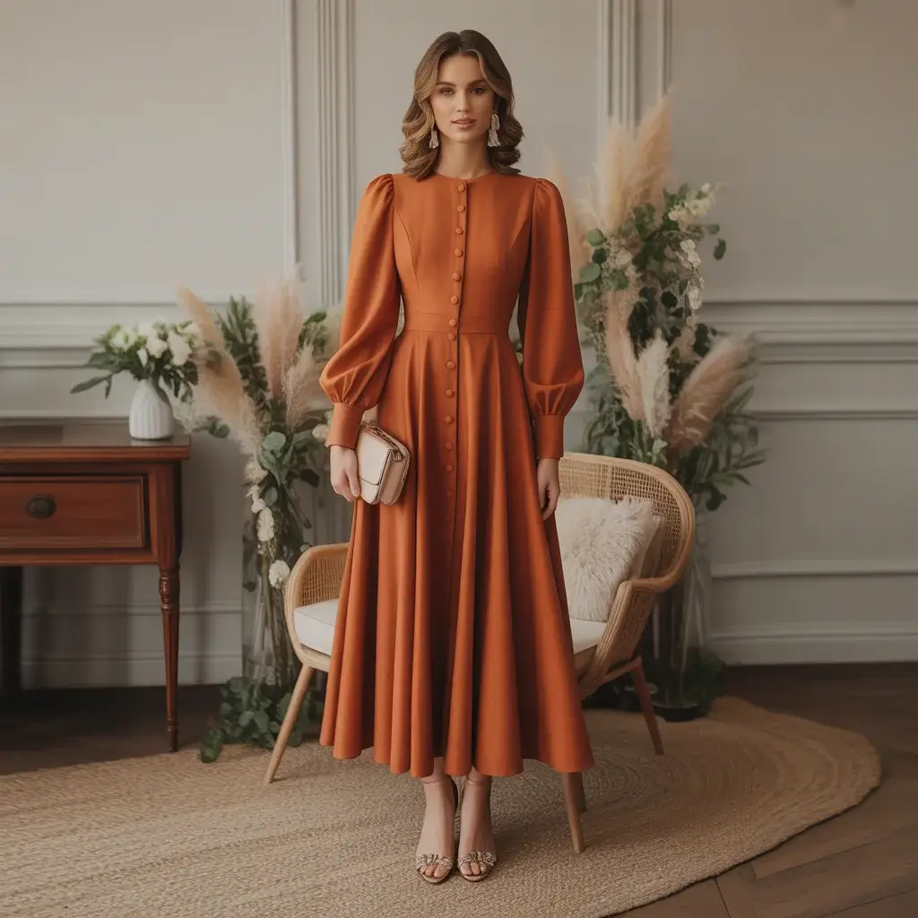 Top 15 Wedding Guest Outfit Ideas That Are Trending Now 6 Warm Rust Orange Midi Dress With Elegant Long Sleeves And Buttons