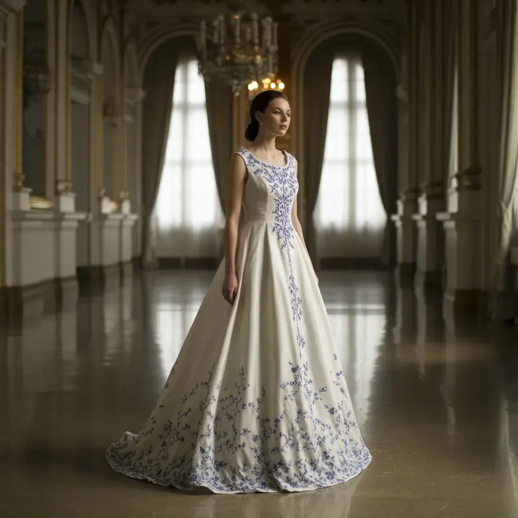 Wedding gown with royal blue accent details and traditional white base