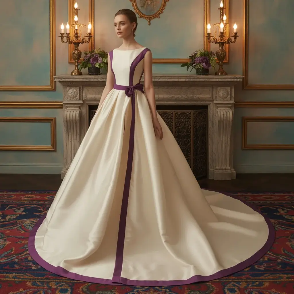 Wedding gown with royal purple trim details and regal color accents