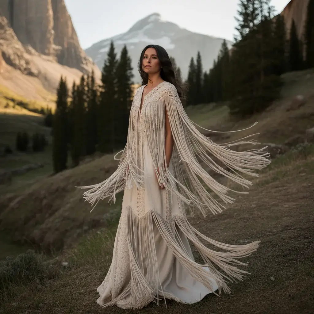 15 Wedding Dresses for Mountain Weddings 7 Unique bride wearing a western-inspired wedding dress with fringe details and cowboy boots against rugged mountain backdrop
