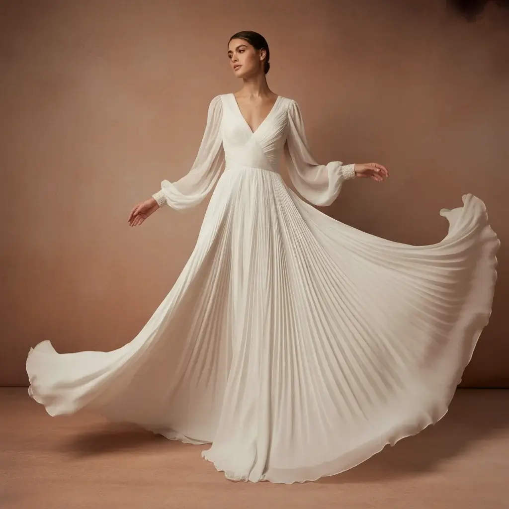 Whimsical silk chiffon wedding dress with flowing long sleeves and romantic layered design