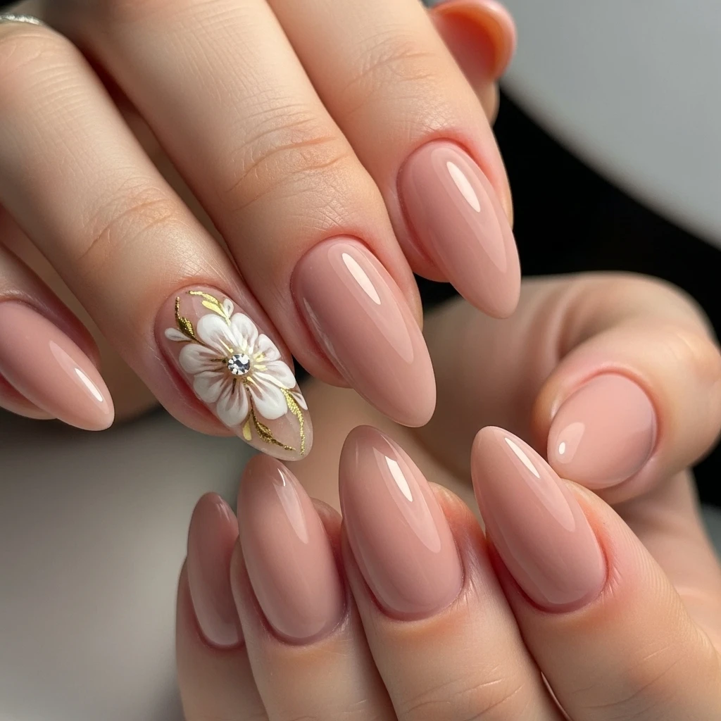 almond shaped nails with a single accent nail