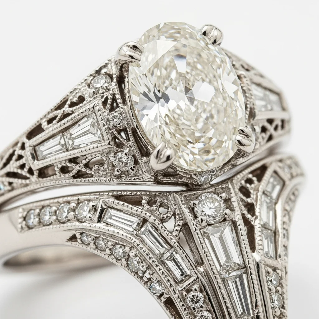 17 Oval Engagement Rings with Wedding Bands: Perfect Matches 15 art deco inspired setting with a geometric band