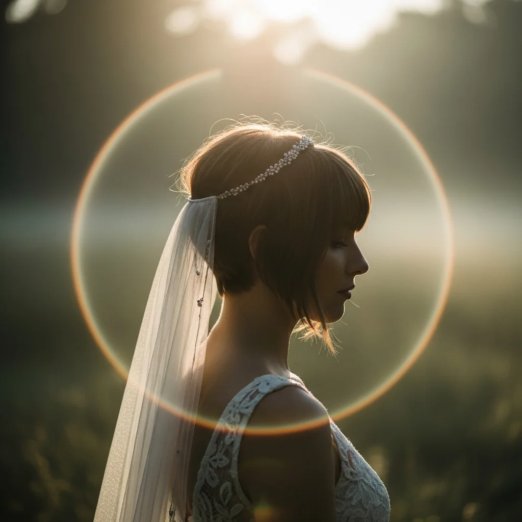 13 Short Hair Bride Hairstyles with Veil 10 asymmetrical pixie with a halo veil