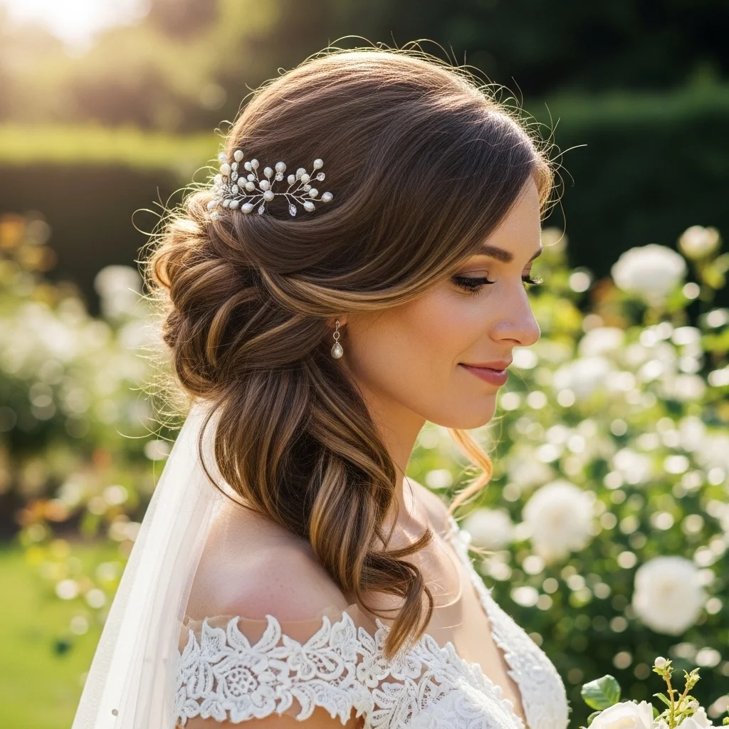 asymmetrical updo with loose curls