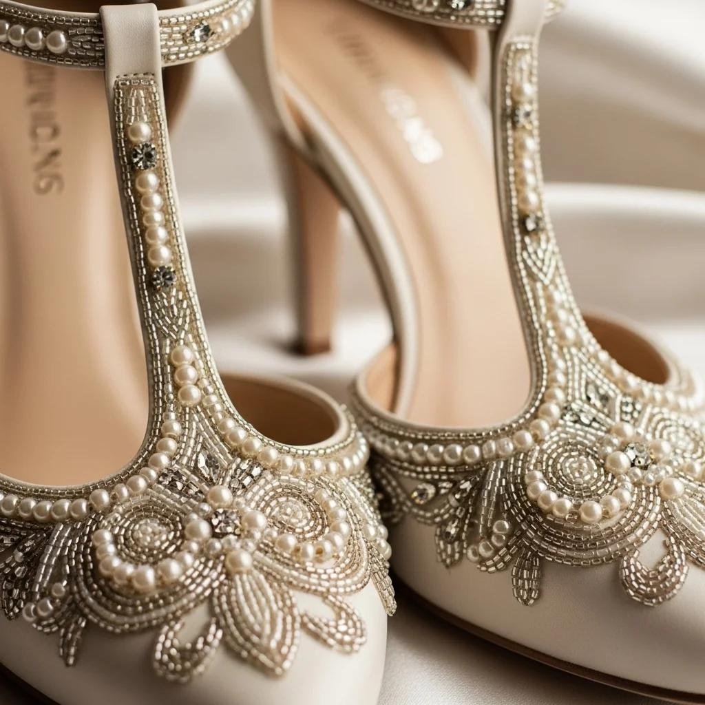 beaded t strap heels