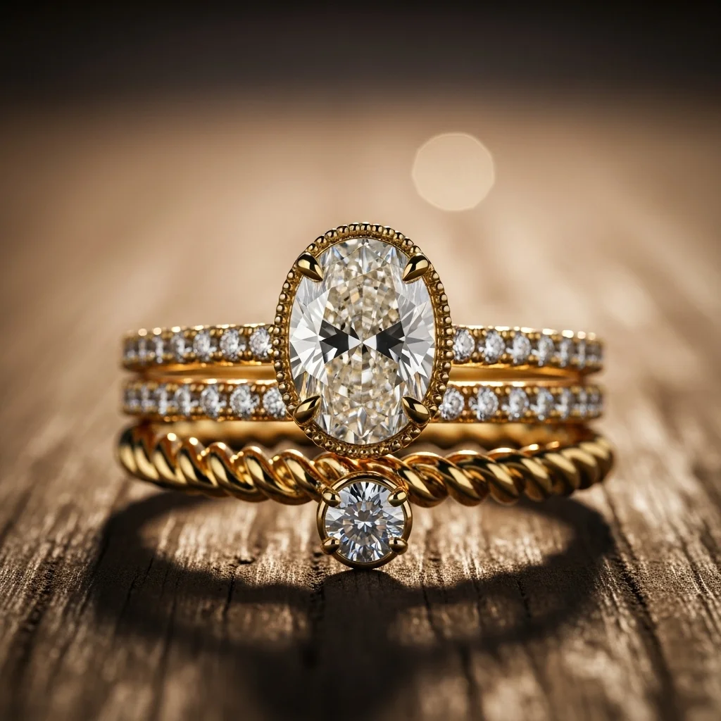 17 Oval Engagement Rings with Wedding Bands: Perfect Matches 11 bezel and pave setting with a rope band