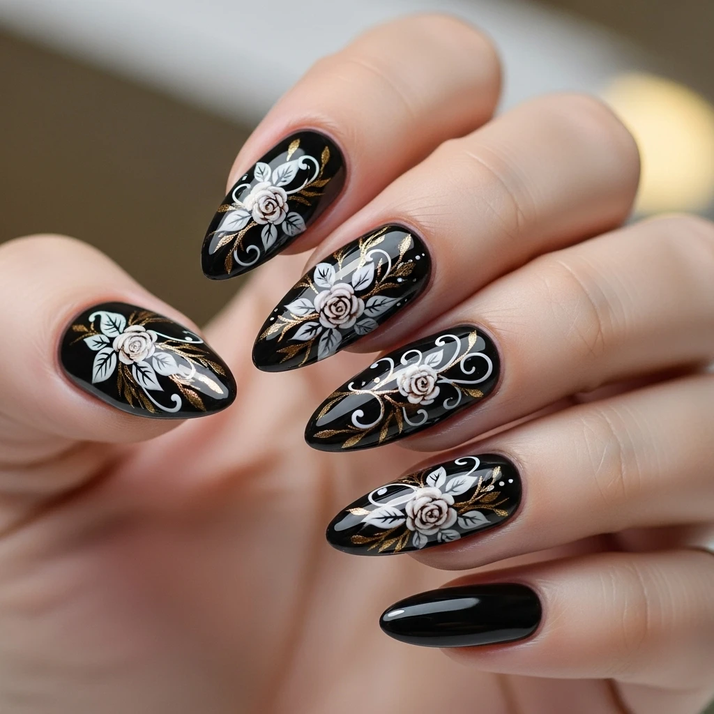 Top 27 Black Wedding Nail Designs for the Bold Bride 13 black and floral design