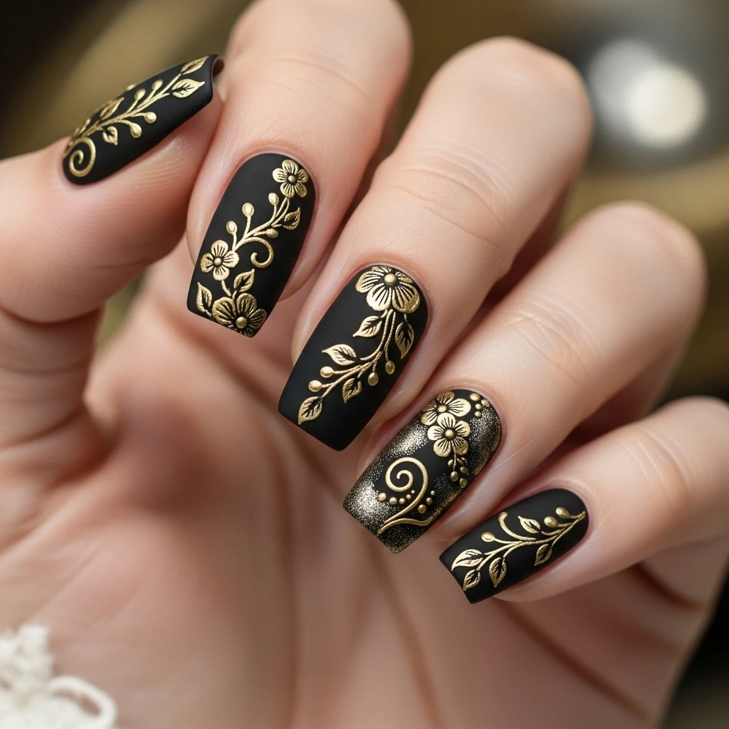 Top 27 Black Wedding Nail Designs for the Bold Bride 19 black and gold floral