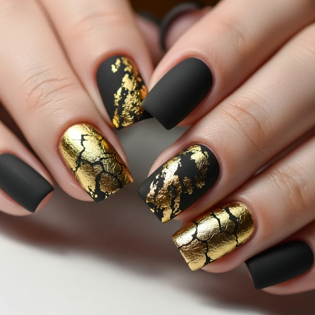 black and gold foil nails
