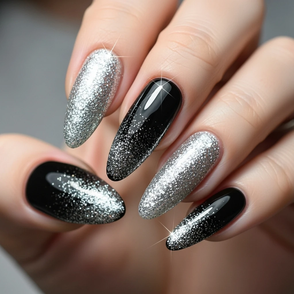 Top 27 Black Wedding Nail Designs for the Bold Bride 15 black and silver glitter