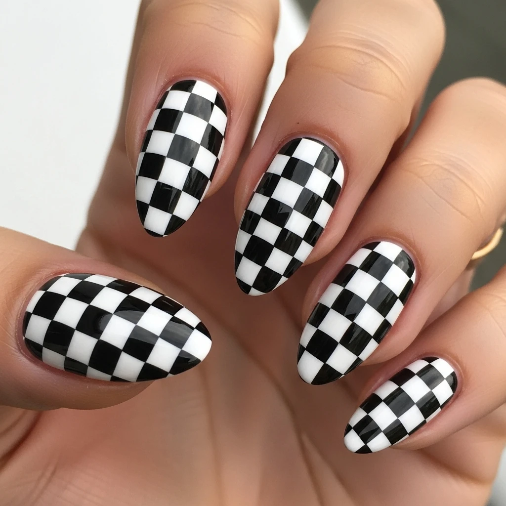 Top 27 Black Wedding Nail Designs for the Bold Bride 17 black and white checkerboard