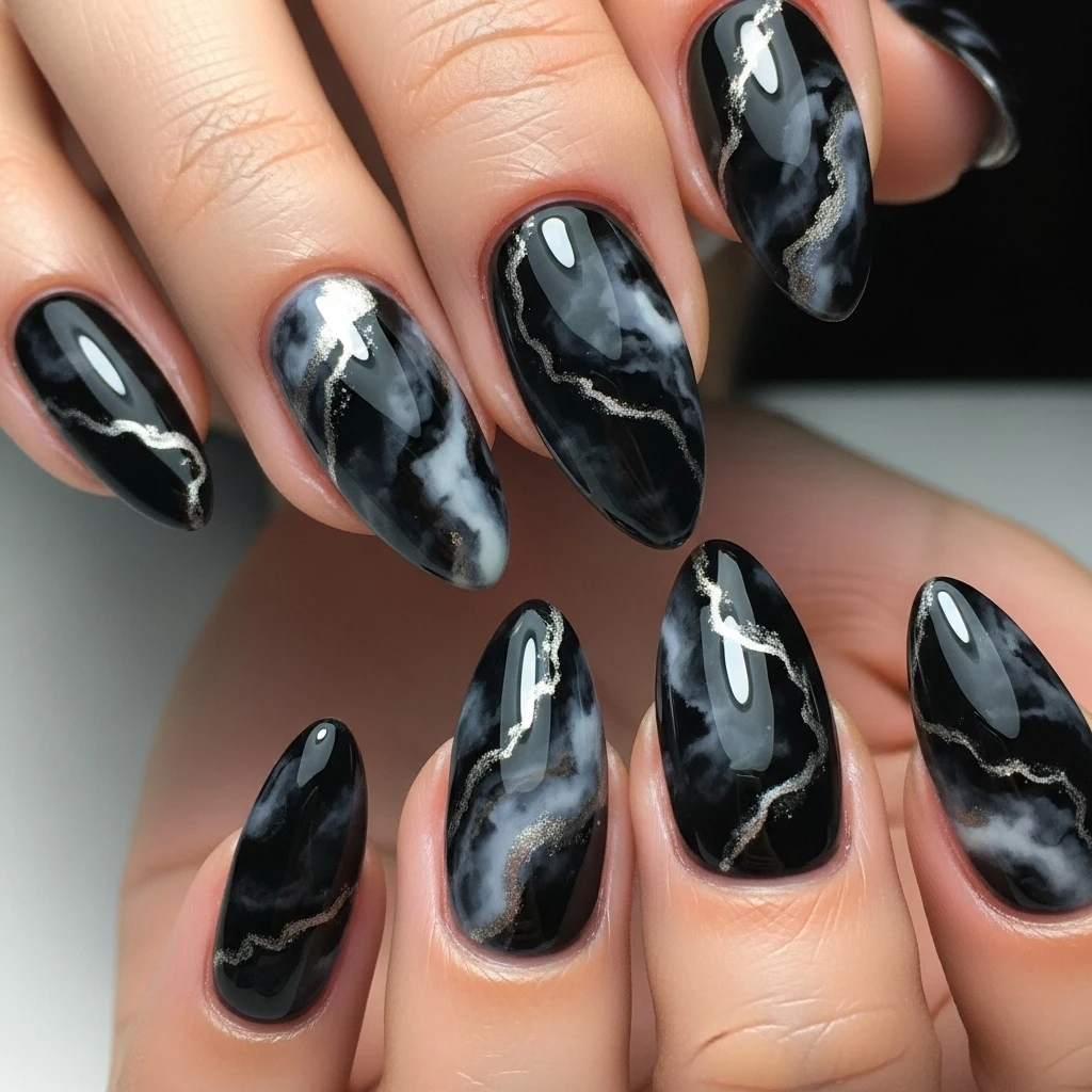 Top 27 Black Wedding Nail Designs for the Bold Bride 11 black marble effect