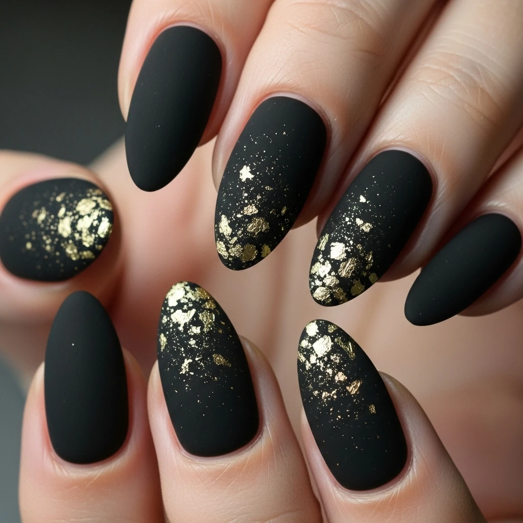 Top 27 Black Wedding Nail Designs for the Bold Bride 12 black matte with gold flakes