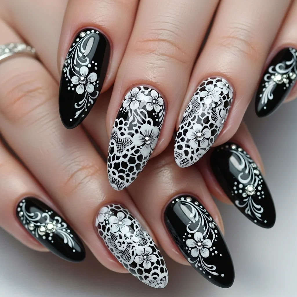 black nail art with floral designs