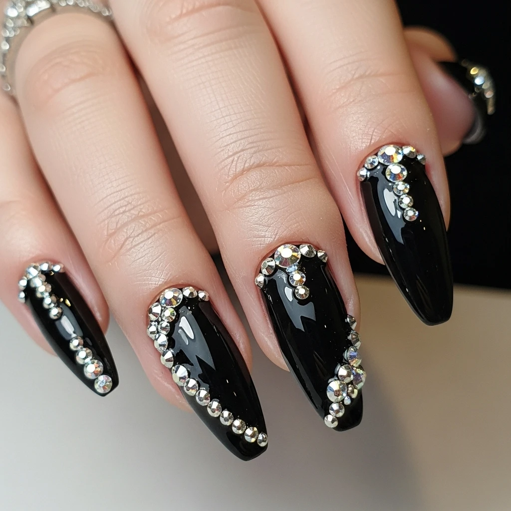 Top 27 Black Wedding Nail Designs for the Bold Bride 18 black with crystal accents