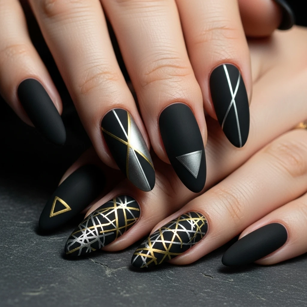 Top 27 Black Wedding Nail Designs for the Bold Bride 16 black with geometric designs