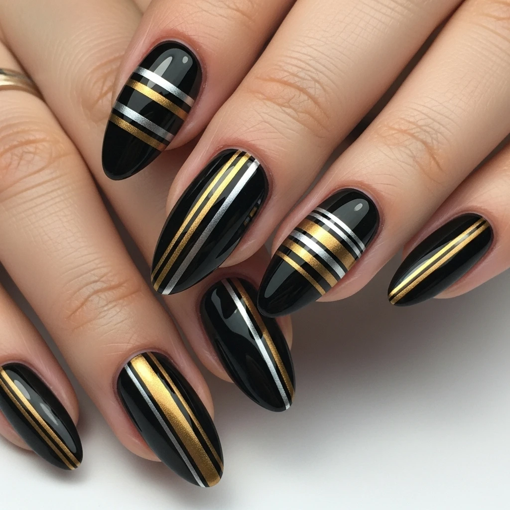 Top 27 Black Wedding Nail Designs for the Bold Bride 20 black with metallic stripes