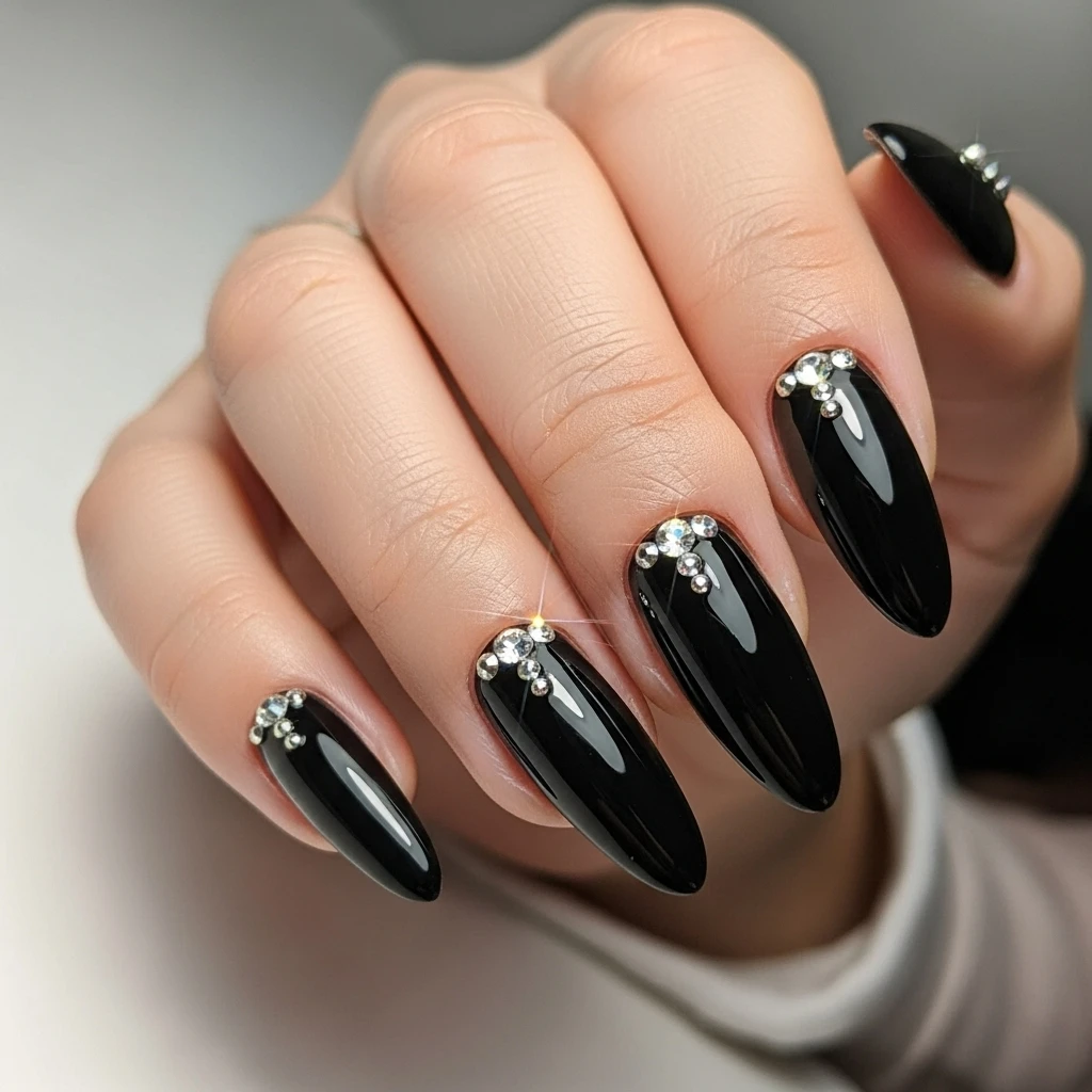 Top 27 Black Wedding Nail Designs for the Bold Bride 5 black with rhinestones