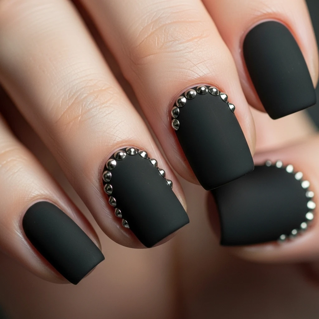 Top 27 Black Wedding Nail Designs for the Bold Bride 10 black with silver studs
