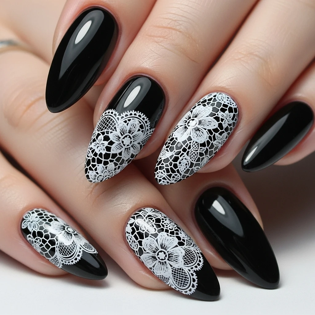 Top 27 Black Wedding Nail Designs for the Bold Bride 8 black with white lace