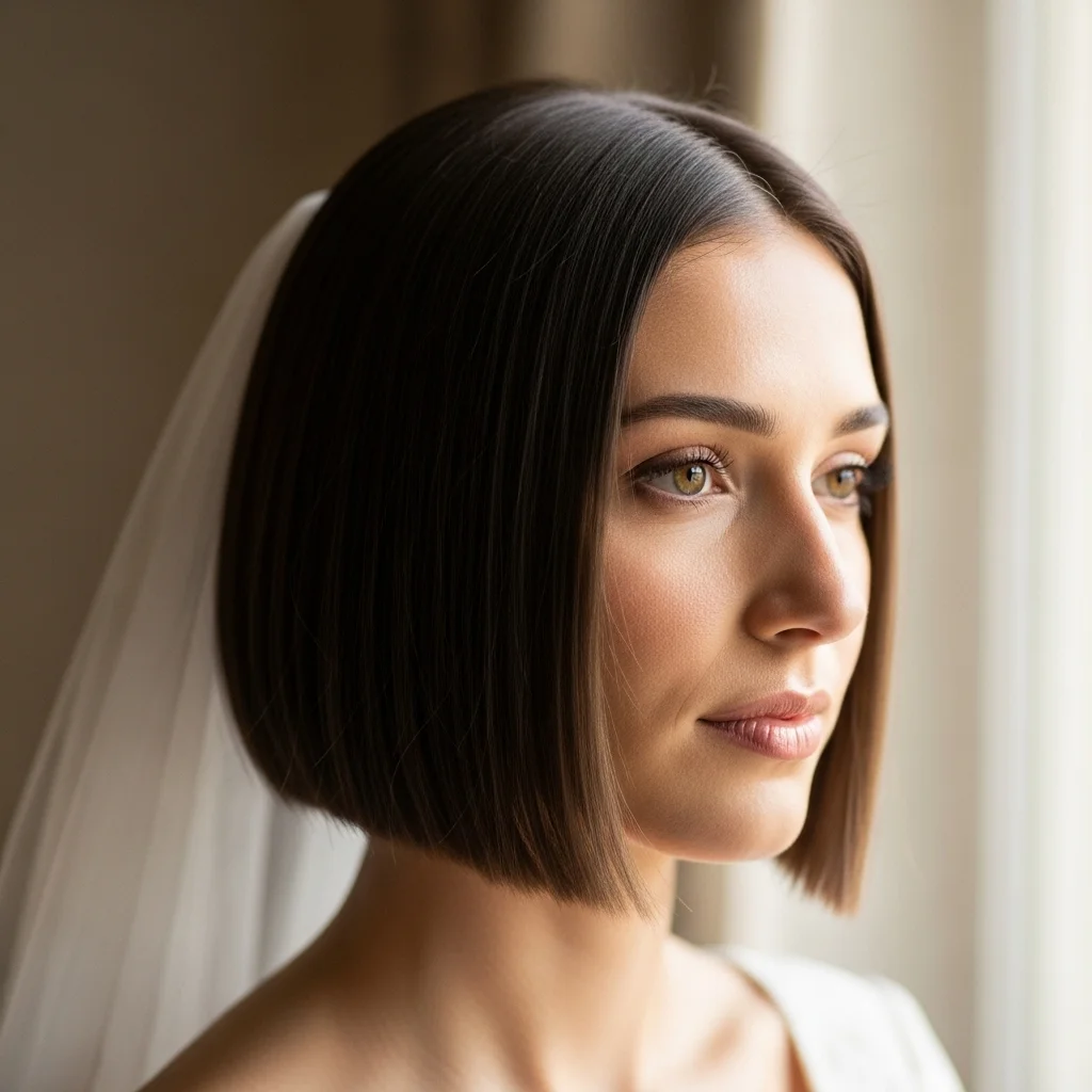 13 Short Hair Bride Hairstyles with Veil 12 blunt cut with a blusher veil