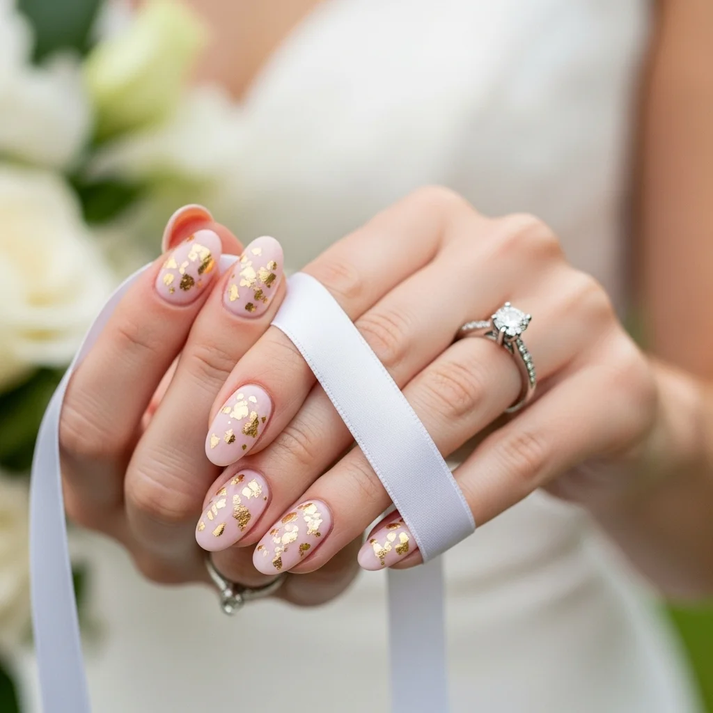 23 Dazzling Wedding Nails Ideas for Brides: Your Ultimate Bridal Sparkle Guide 13 blush pink with gold flakes