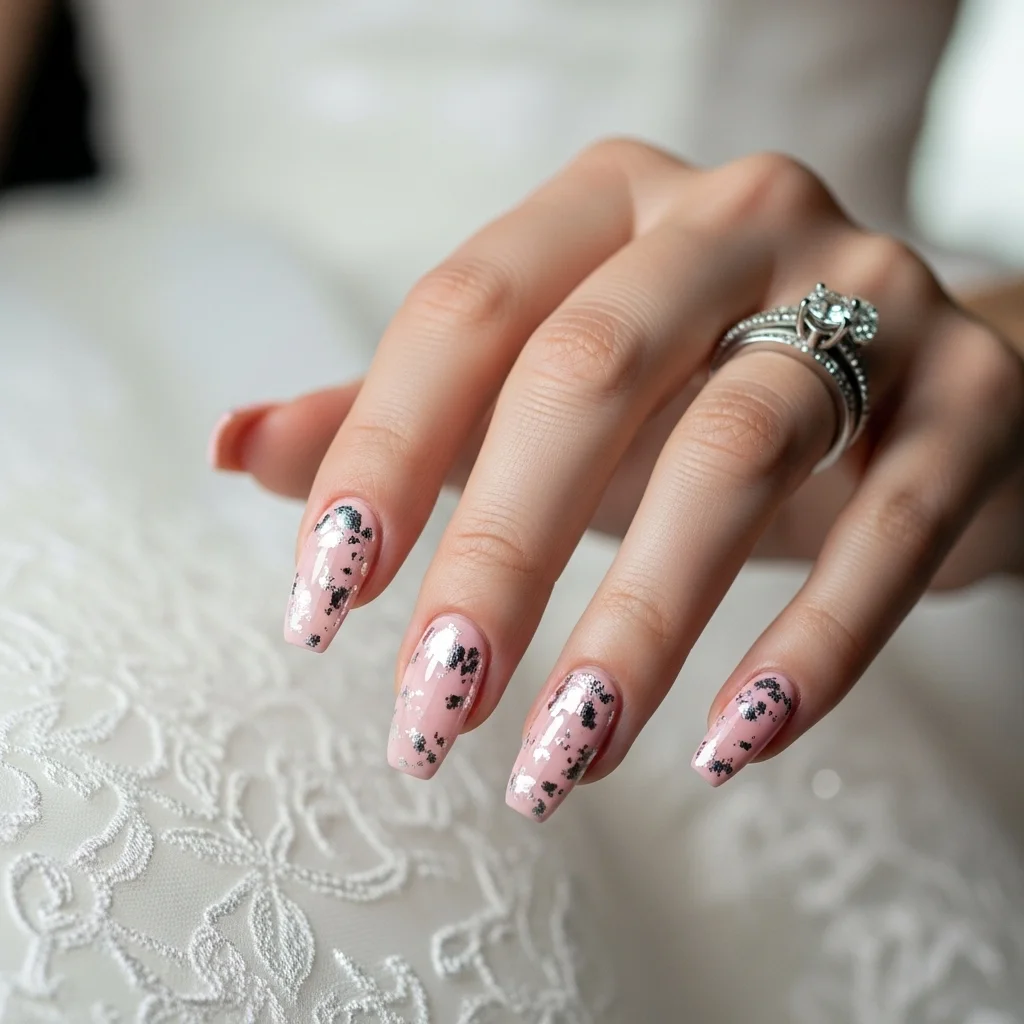 Top 17 Wedding Coffin Nails for the Modern Bride 8 blush pink with silver foil