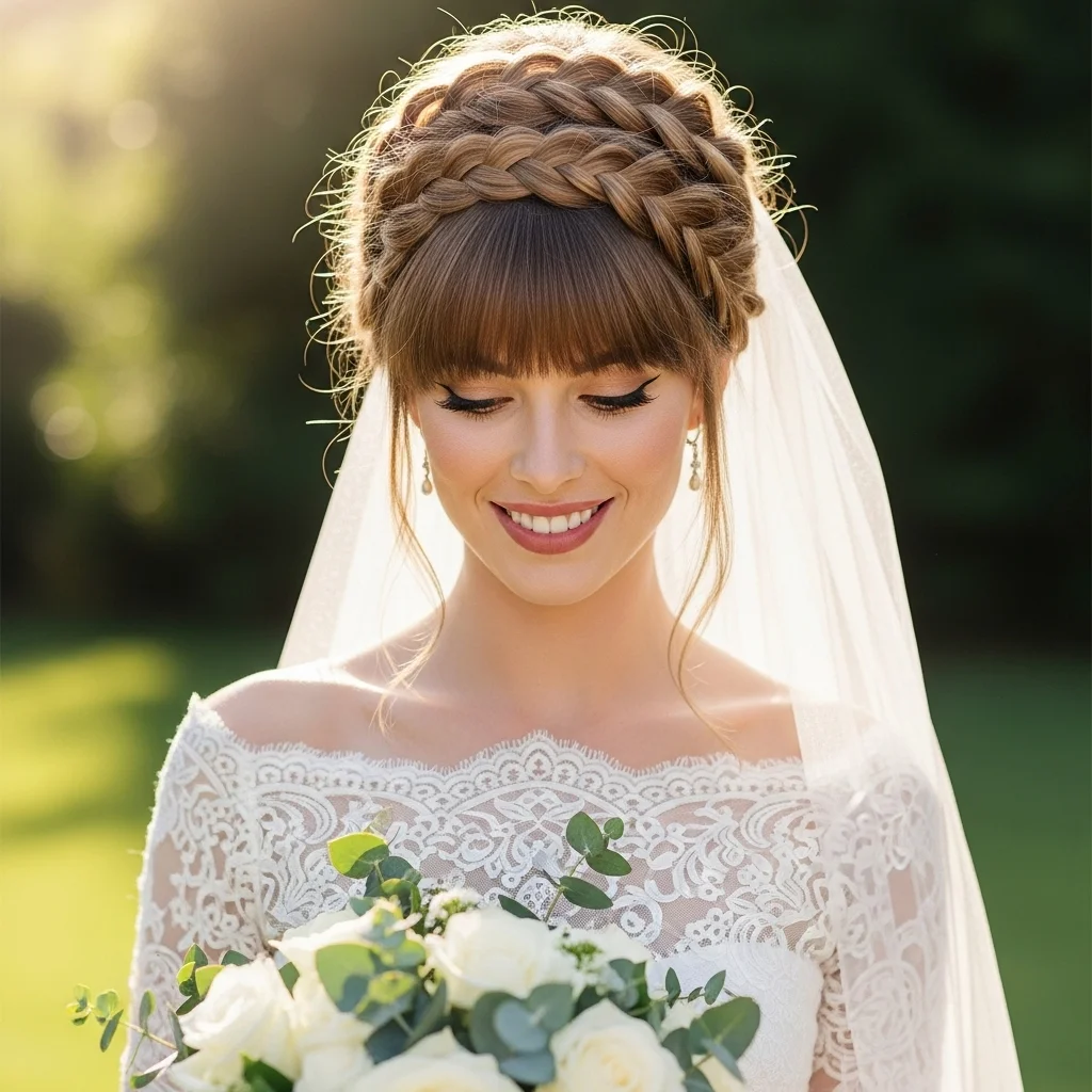 Top 23 Bridal Hairstyles with Bangs: Your Dream Look Awaits! 6 braided crown with blunt bangs