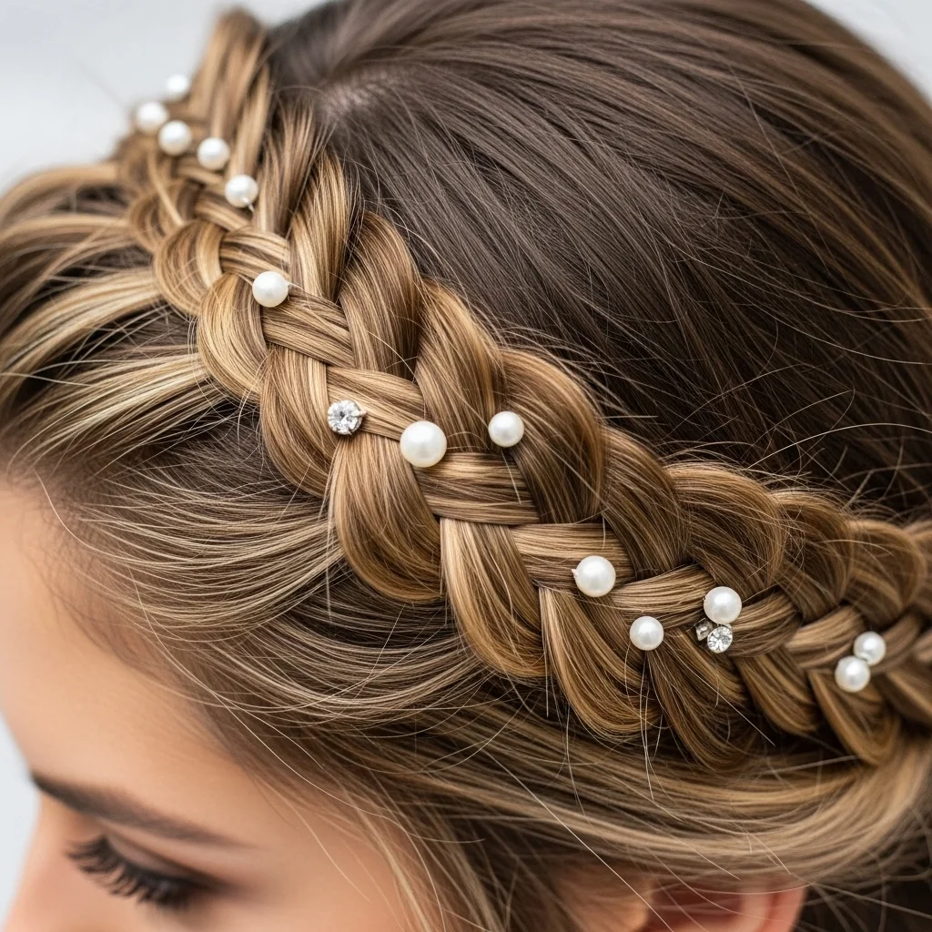 17 Bridal Hairstyles with Crowns 5 braided crown with pearl accents