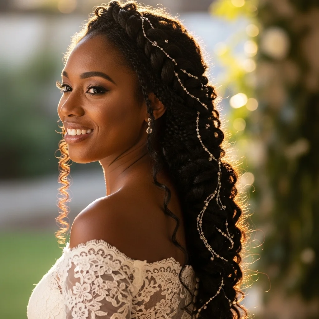 Top 21 Stunning Bride Hairstyles for Black Hair: Your Dream Wedding Look Awaits! 18 braided waterfall braid with beads