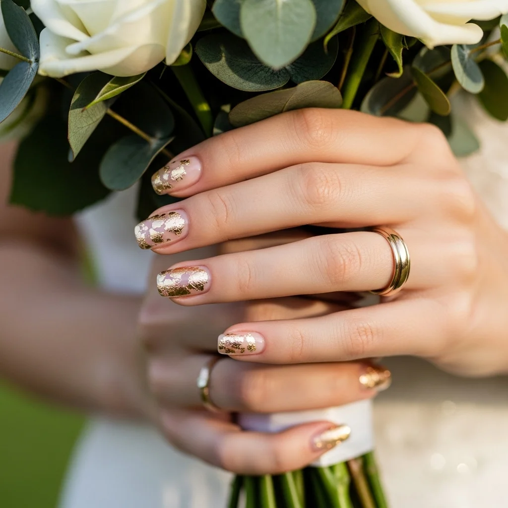 23 Dazzling Wedding Nails Ideas for Brides: Your Ultimate Bridal Sparkle Guide 9 champagne gold foil details