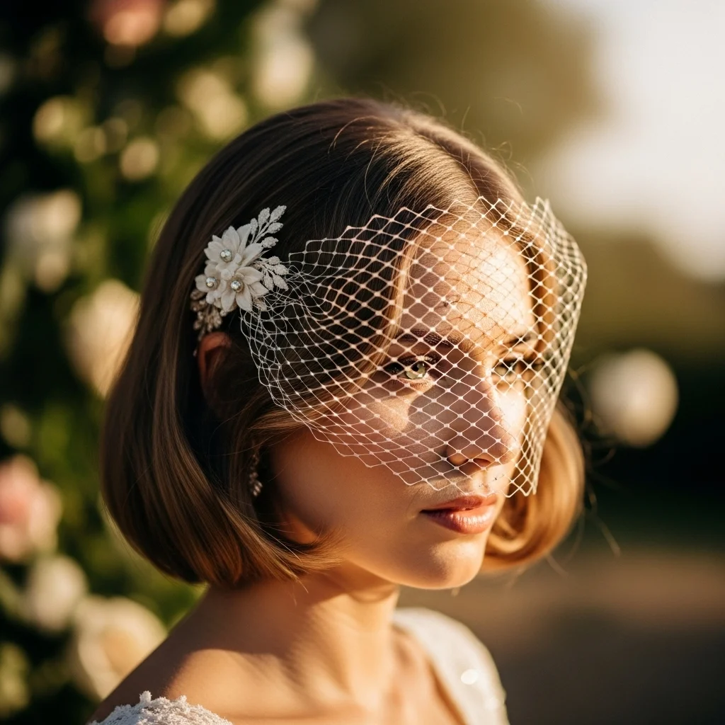 13 Short Hair Bride Hairstyles with Veil 2 classic bob with birdcage veil