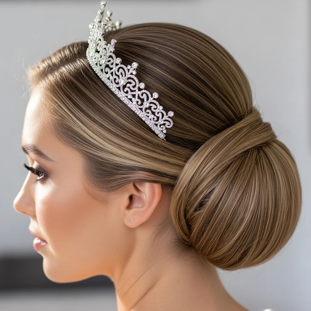 17 Bridal Hairstyles with Crowns 2 classic low bun with a delicate crown
