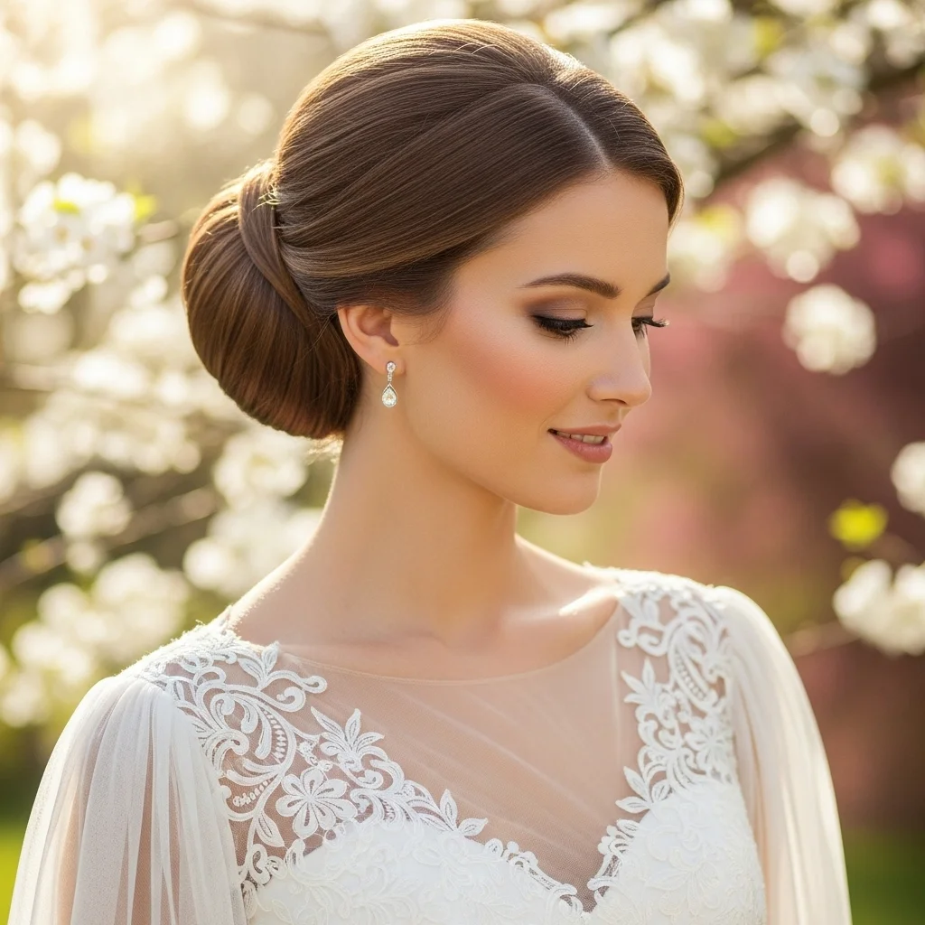 Top 21 Bride Bun Hairstyles to Make You Shine on Your Big Day 1 classic low bun