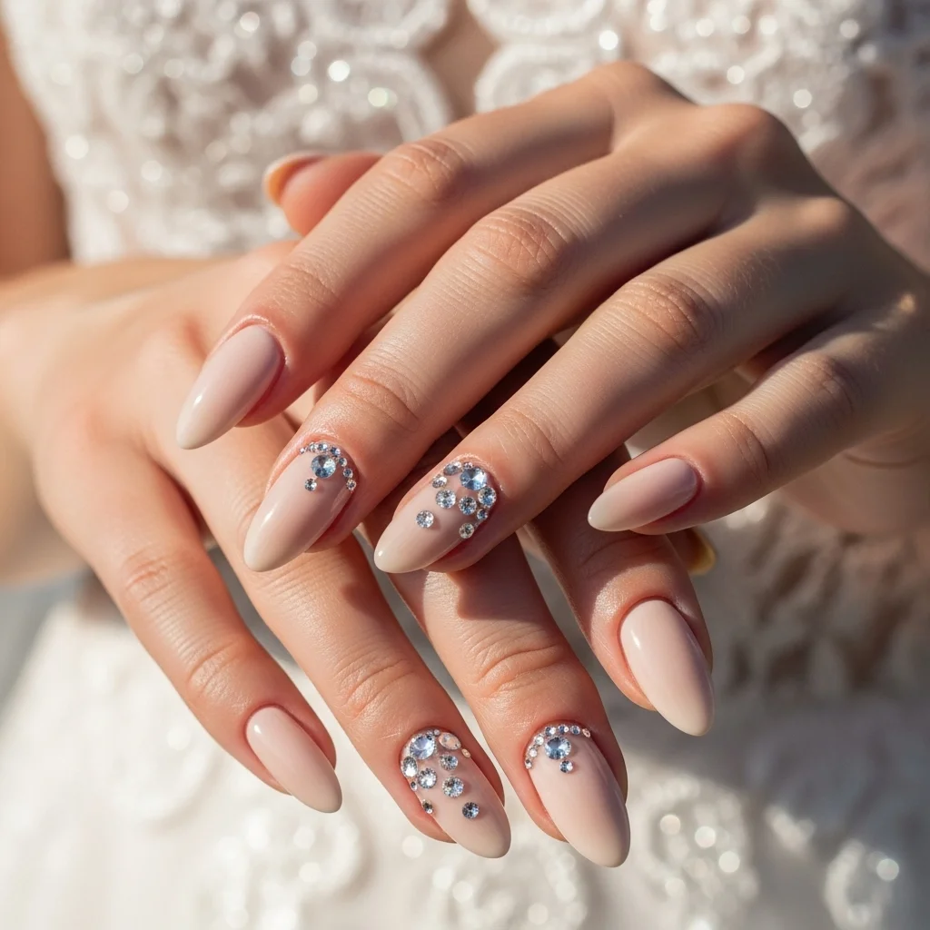 23 Dazzling Wedding Nails Ideas for Brides: Your Ultimate Bridal Sparkle Guide 6 crystal embellished nude