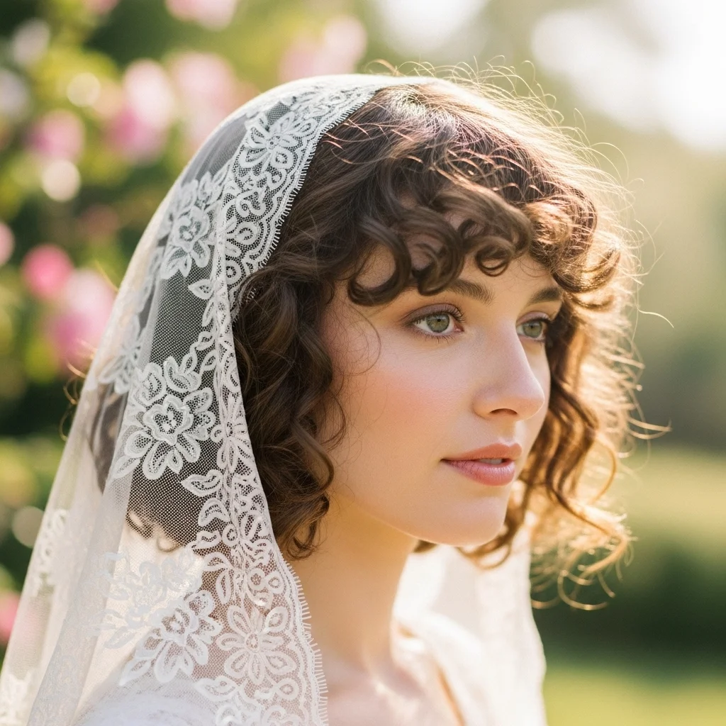 13 Short Hair Bride Hairstyles with Veil 6 curly bob with a mantilla veil